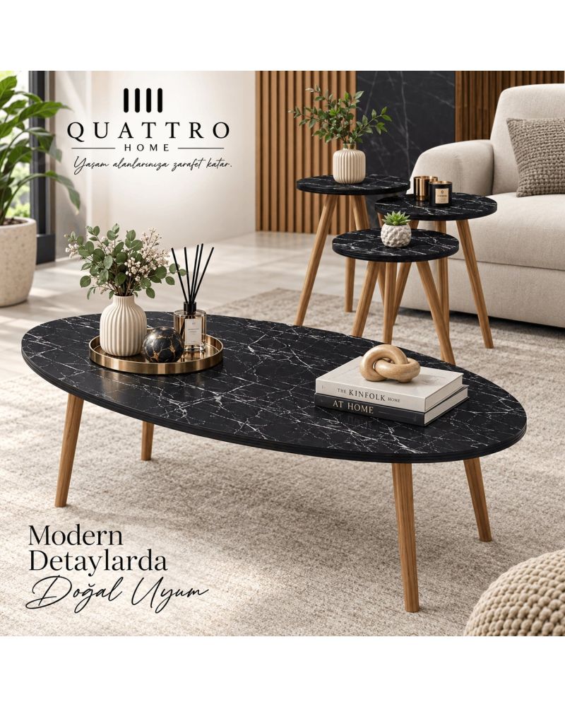 Siyah Mermer Desenli Elips Orta ve Zigon Sehpa Seti 4'lü