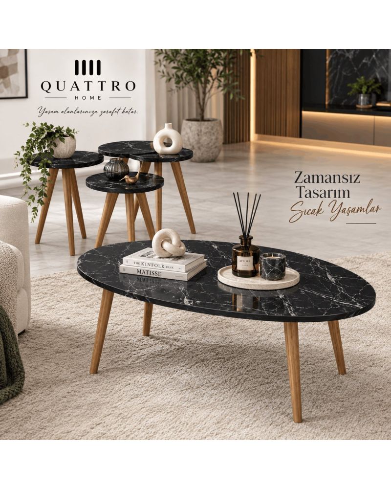 Siyah Mermer Desenli Elips Orta ve Zigon Sehpa Seti 4'lü