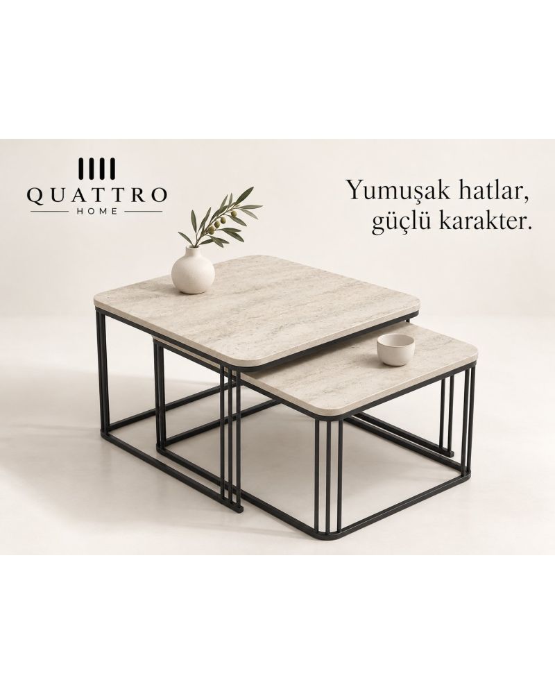 Ekru Desenli İkili Orta Sehpa Seti