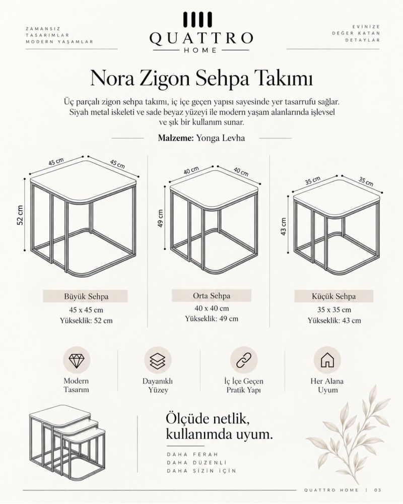 Beyaz Kare Zigon Sehpa Seti 3'lü