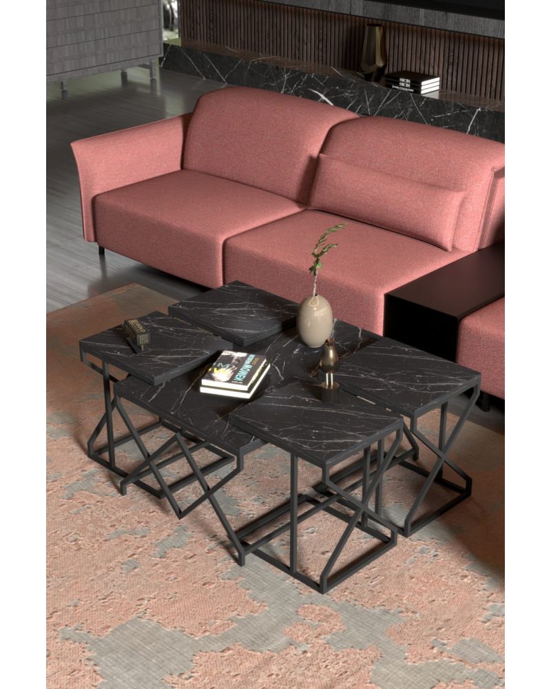 Siyah Mermer Görünümlü 5'li Orta ve Zigon Sehpa Seti