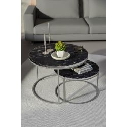 Gümüş Metal Ayaklı Mermer Desenli Siyah 2'li Orta Sehpa Seti
