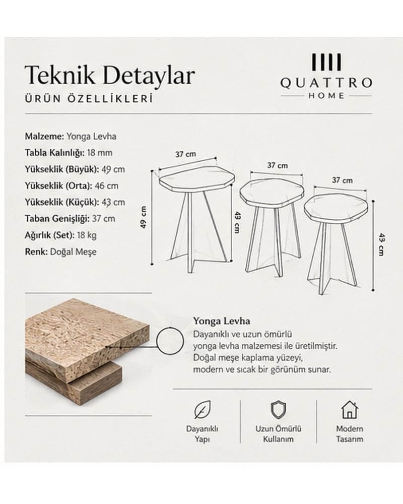 Çiçek Formlu Kahverengi 3'lü Zigon Sehpa Seti