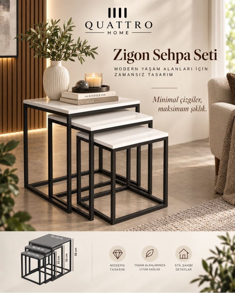 Küp Zigon Sehpa Seti Beyaz 3'lü