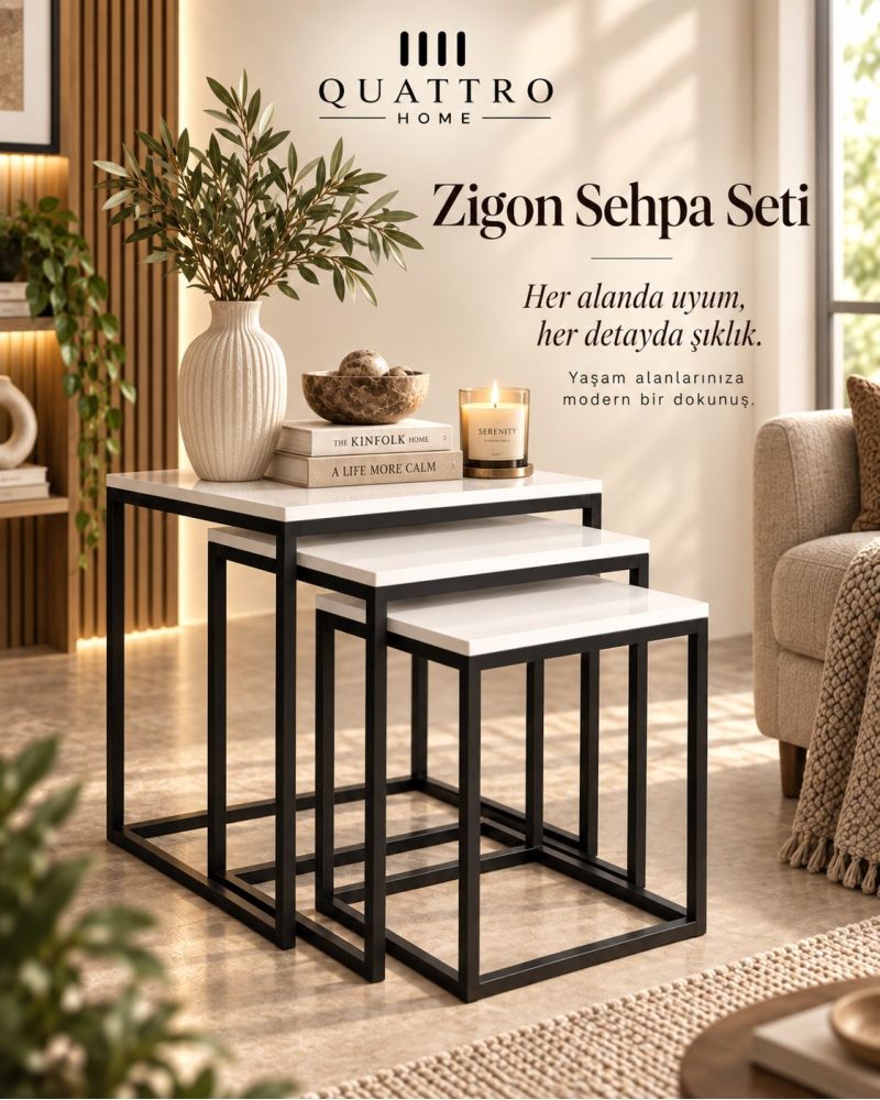 Küp Zigon Sehpa Seti Beyaz 3'lü