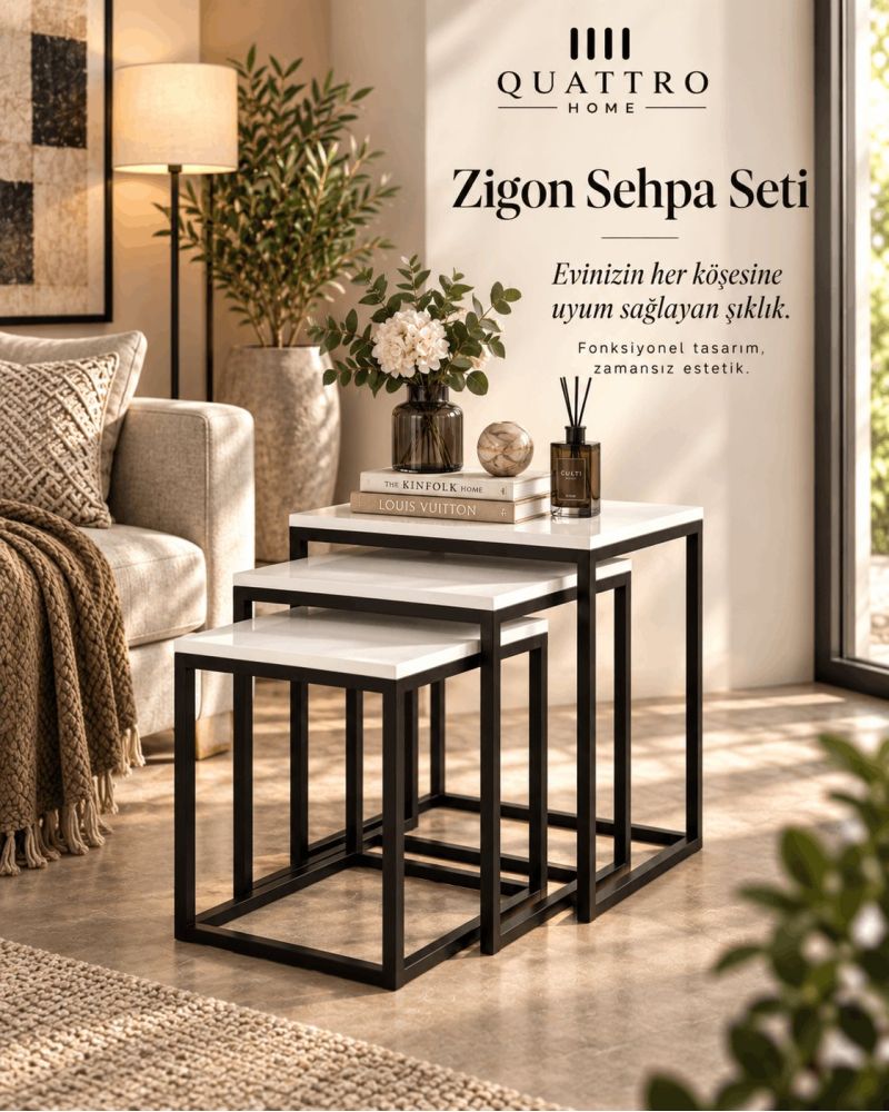 Küp Zigon Sehpa Seti Beyaz 3'lü