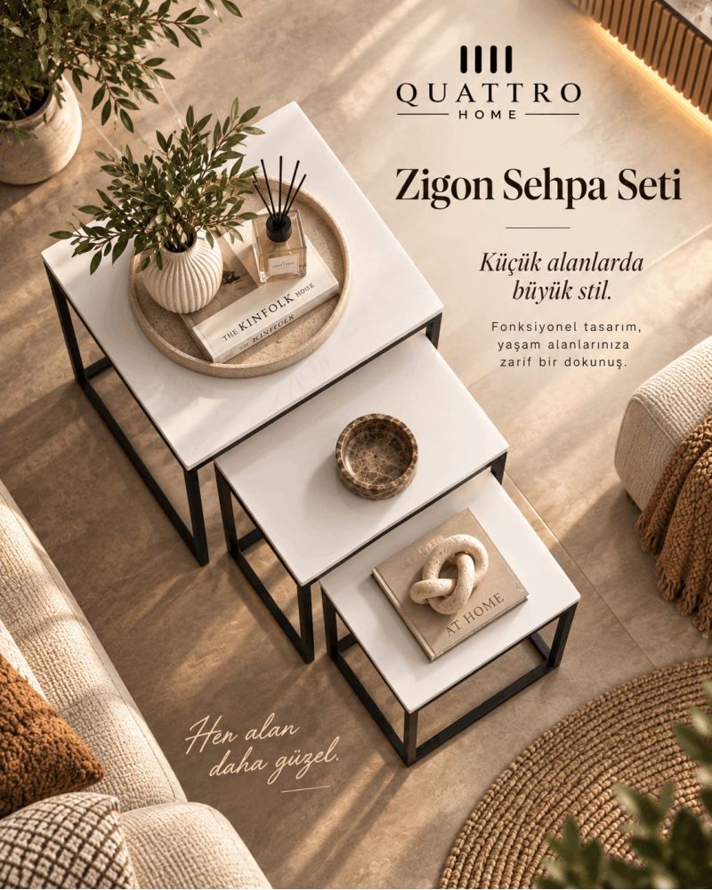 Küp Zigon Sehpa Seti Beyaz 3'lü