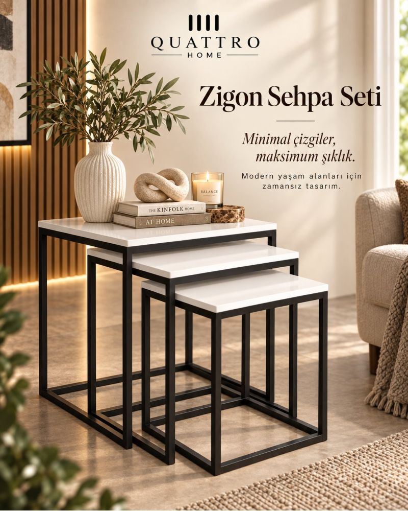 Küp Zigon Sehpa Seti Beyaz 3'lü