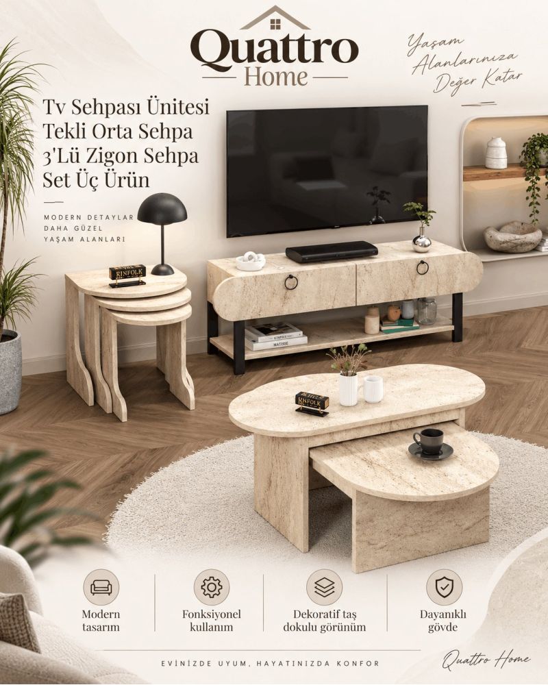 Ekru 6 Parça Salon Mobilya Seti