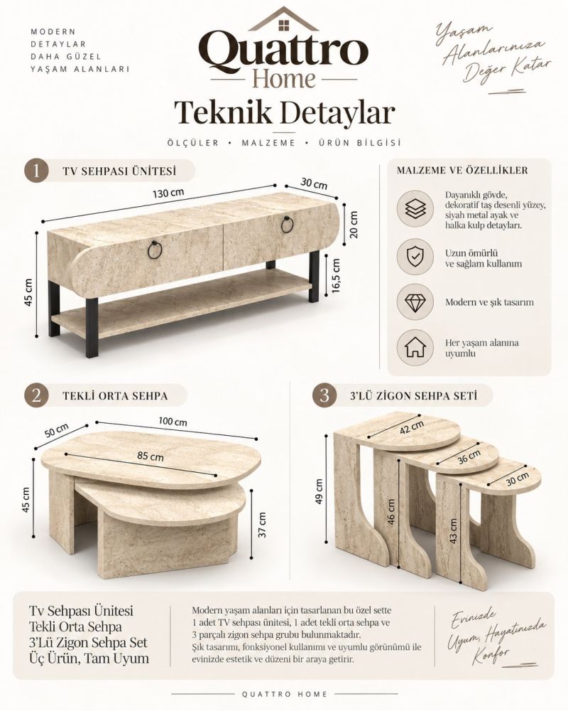 Ekru 6 Parça Salon Mobilya Seti