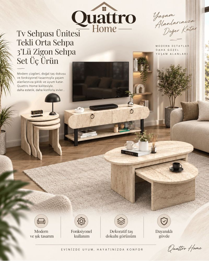 Ekru 6 Parça Salon Mobilya Seti