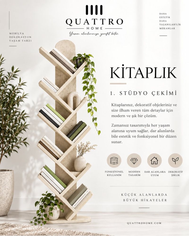Ekru Traverten Desenli 10 Raflı Dekoratif Kitaplık - 147 cm