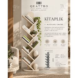 Ekru Traverten Desenli 10 Raflı Dekoratif Kitaplık - 147 cm