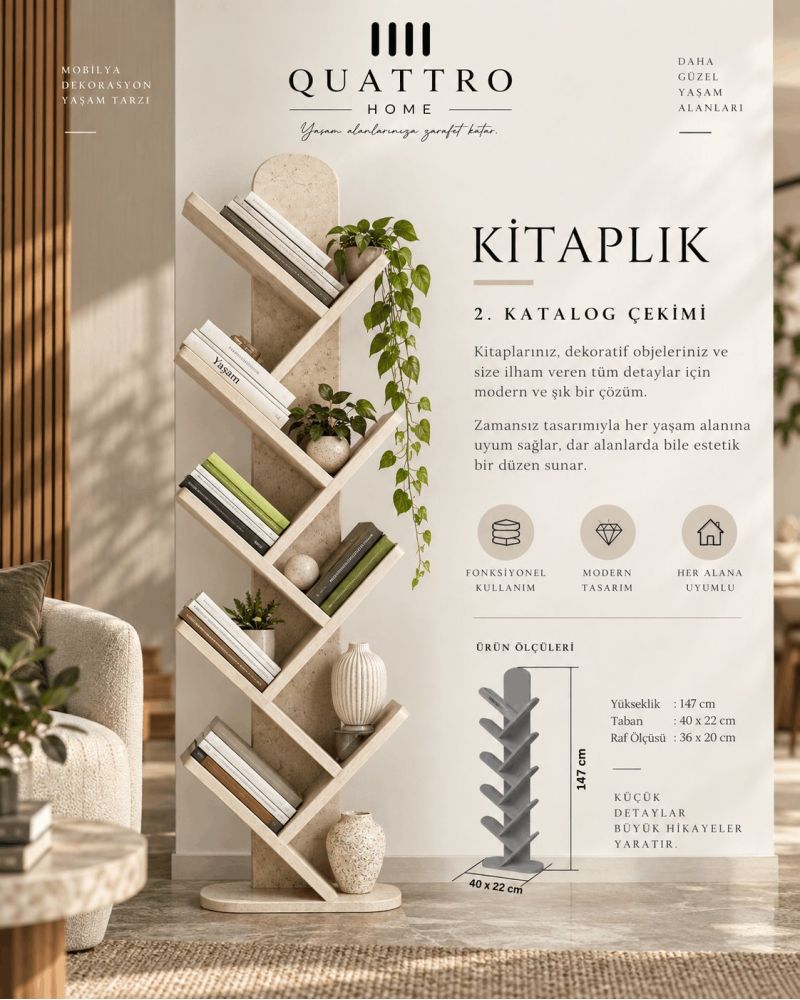 Ekru Traverten Desenli 10 Raflı Dekoratif Kitaplık - 147 cm