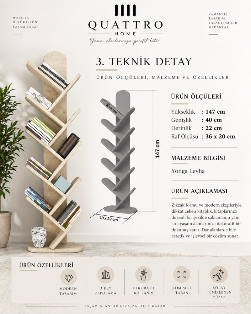 Ekru Traverten Desenli 10 Raflı Dekoratif Kitaplık - 147 cm