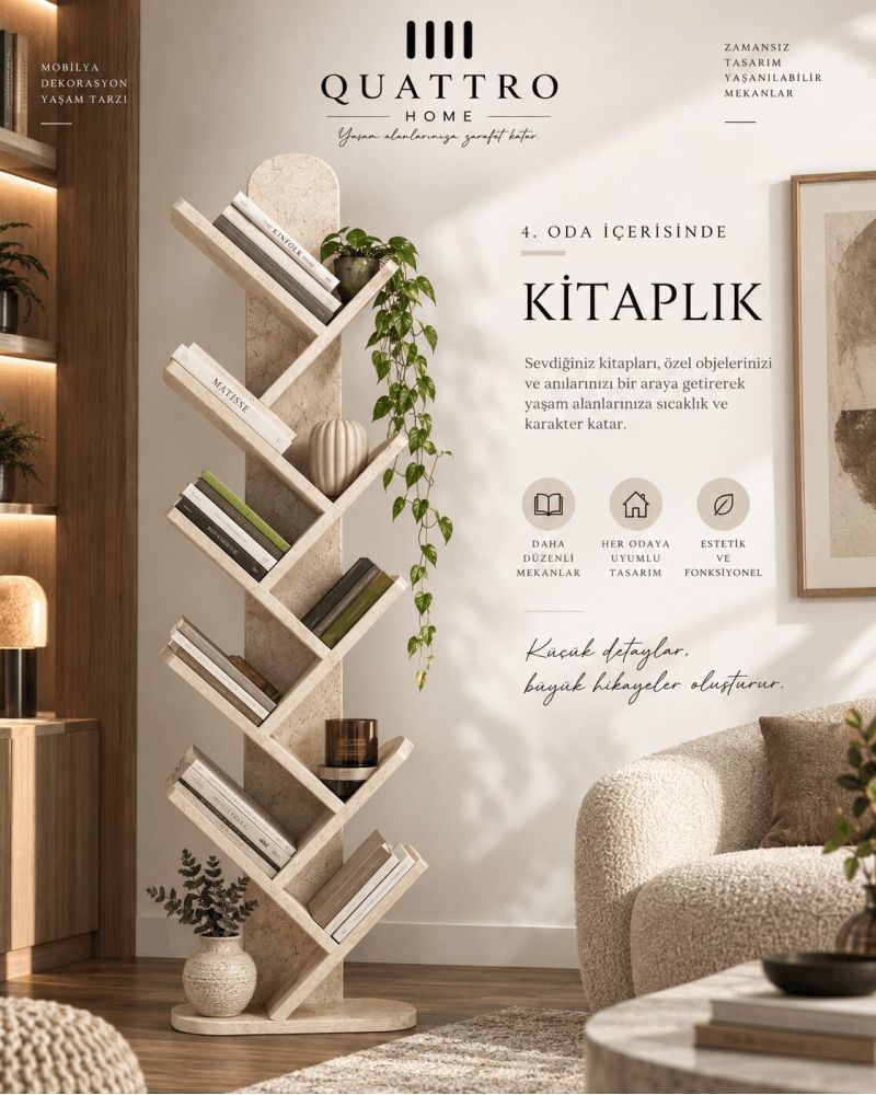 Ekru Traverten Desenli 10 Raflı Dekoratif Kitaplık - 147 cm