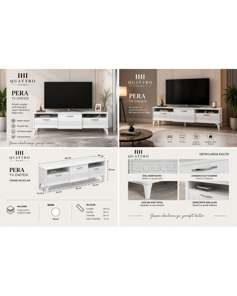Beyaz Gümüş Detaylı Modern TV Sehpası 160 cm
