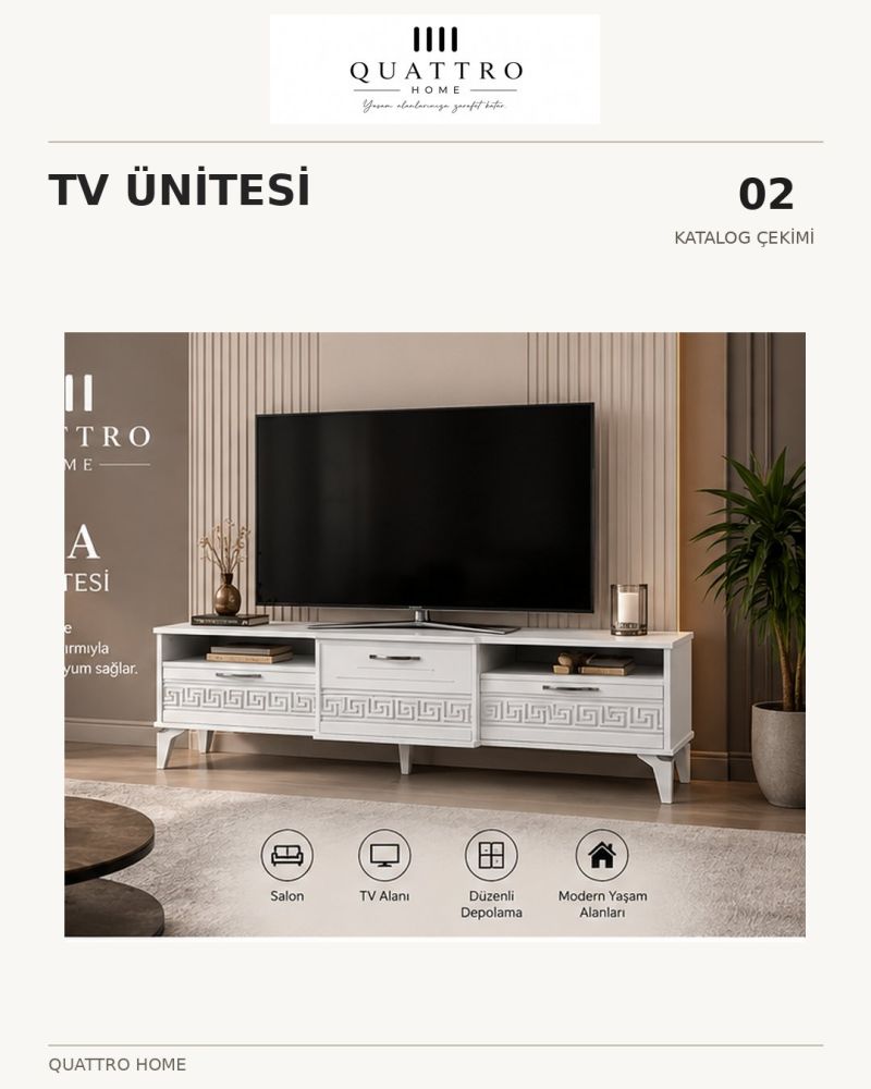 Beyaz Gümüş Detaylı Modern TV Sehpası 160 cm