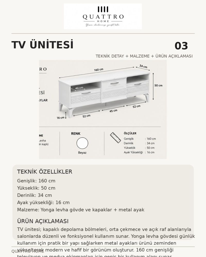Beyaz Gümüş Detaylı Modern TV Sehpası 160 cm