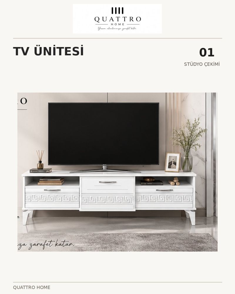 Beyaz Gümüş Detaylı Modern TV Sehpası 160 cm