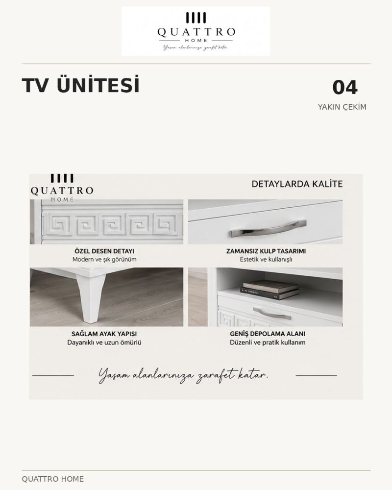 Beyaz Gümüş Detaylı Modern TV Sehpası 160 cm