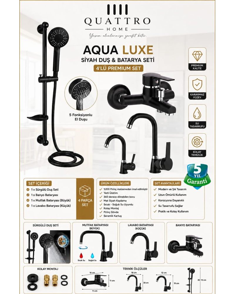 Aqua Luxe Tepe Duş Seti,Evye ve Levabo Bataryası