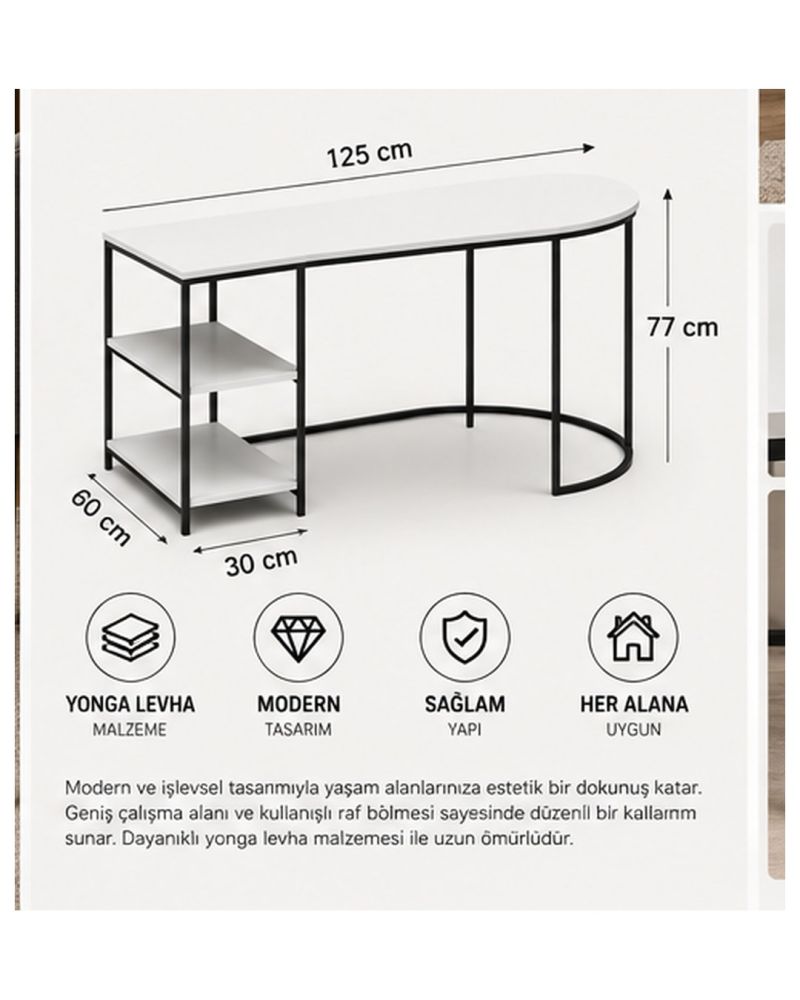 Dolunay Beyaz Çalışma ve Makyaj Masası 125 cm