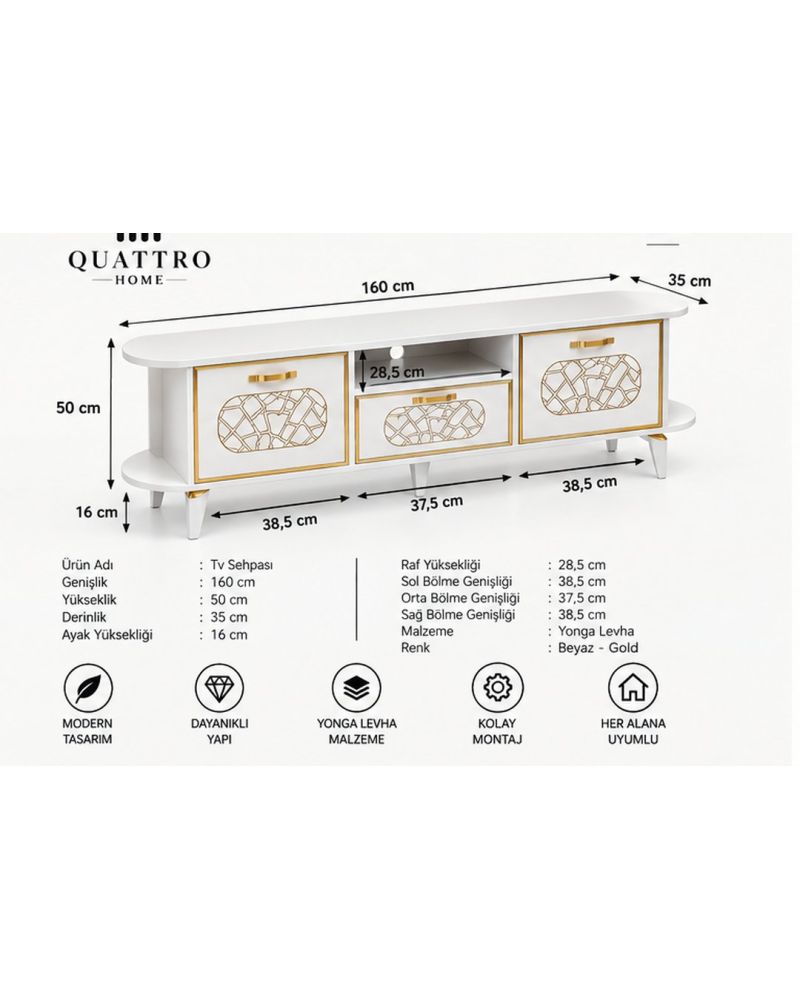 Beyaz ve Altın Detaylı 160 cm TV Ünitesi