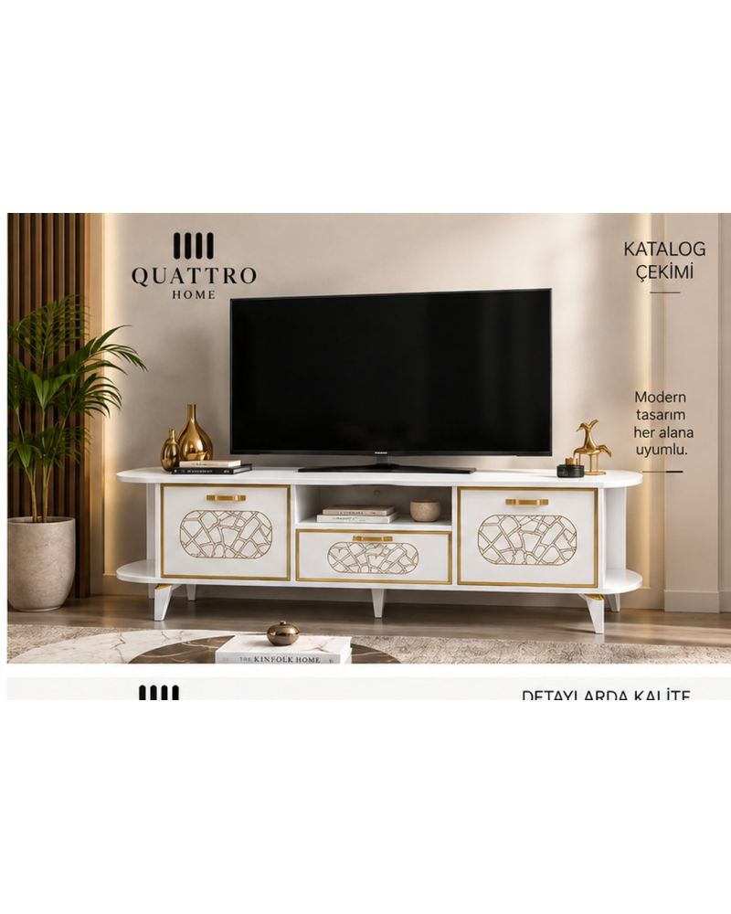 Beyaz ve Altın Detaylı 160 cm TV Ünitesi