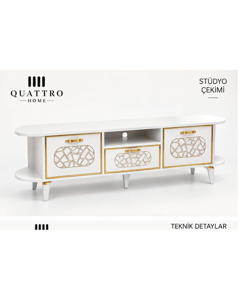 Beyaz ve Altın Detaylı 160 cm TV Ünitesi