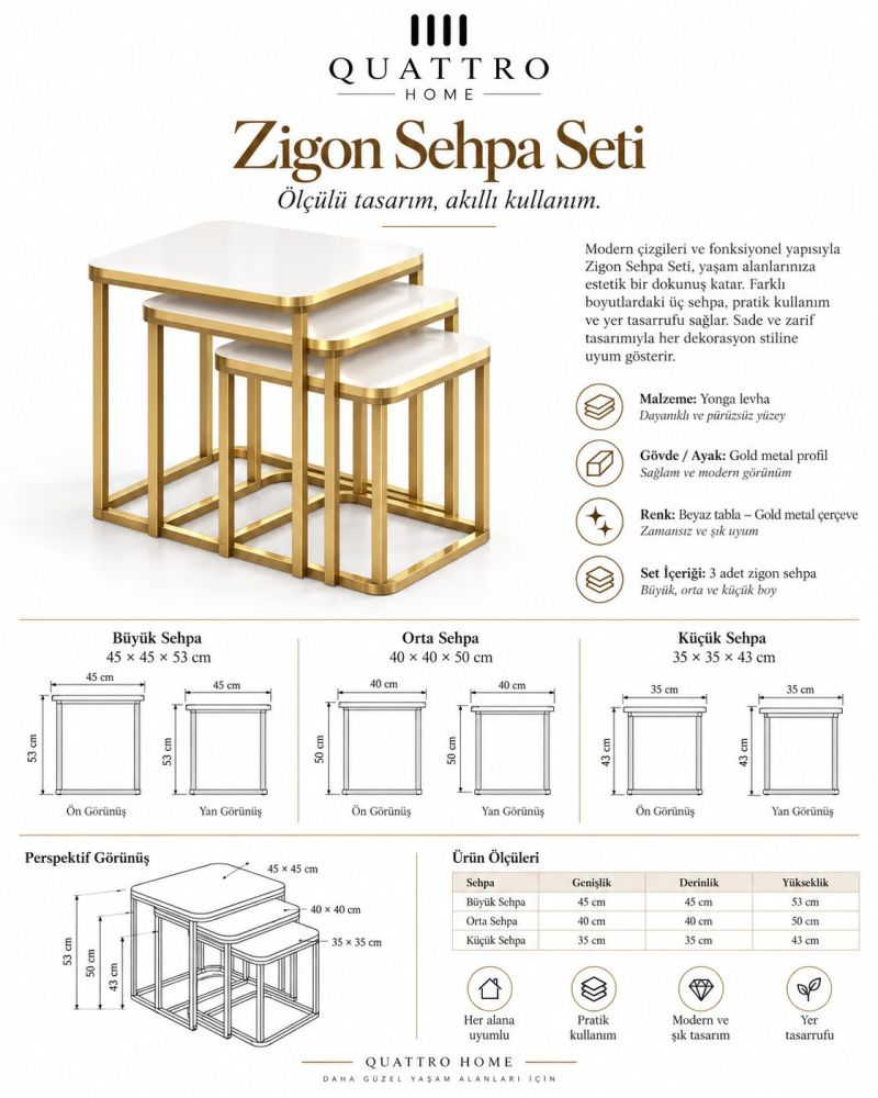 Beyaz Üst Yüzeyli Gold Ayaklı 3'lü Zigon Sehpa Seti