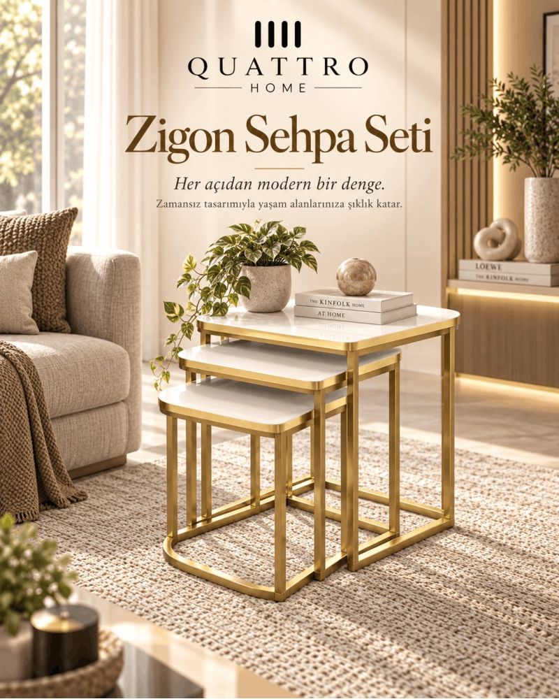 Beyaz Üst Yüzeyli Gold Ayaklı 3'lü Zigon Sehpa Seti