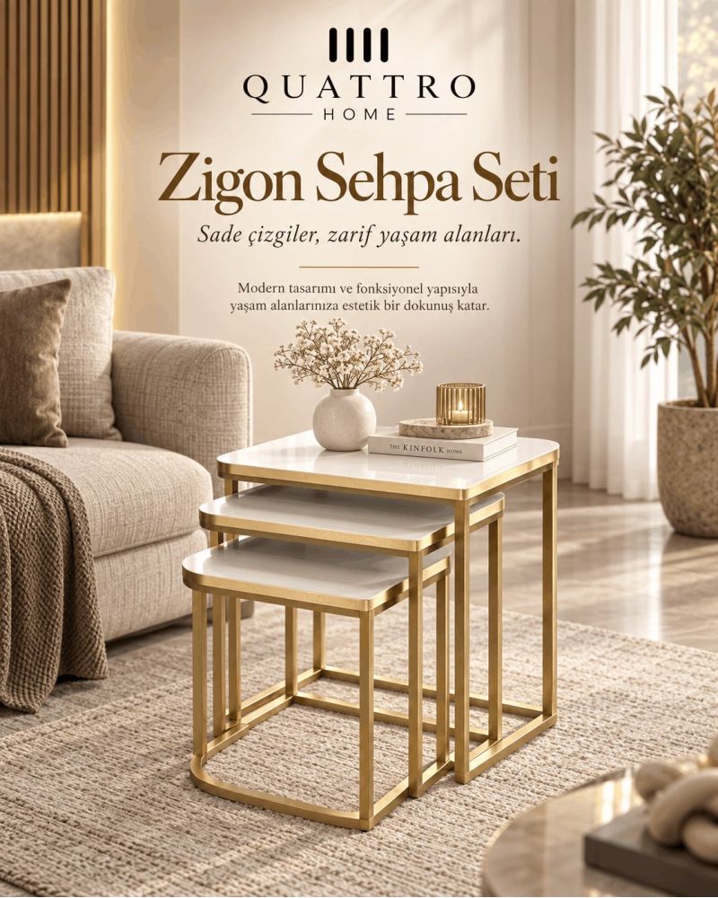 Beyaz Üst Yüzeyli Gold Ayaklı 3'lü Zigon Sehpa Seti