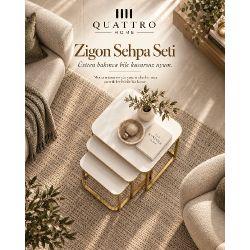 Beyaz Üst Yüzeyli Gold Ayaklı 3'lü Zigon Sehpa Seti