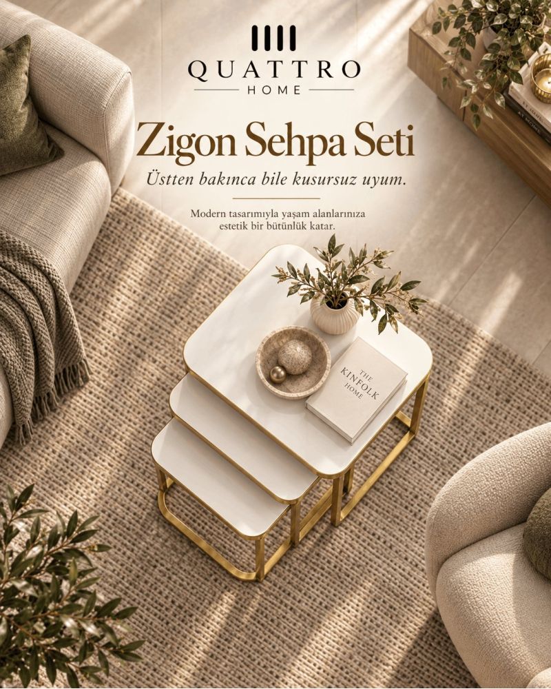 Beyaz Üst Yüzeyli Gold Ayaklı 3'lü Zigon Sehpa Seti
