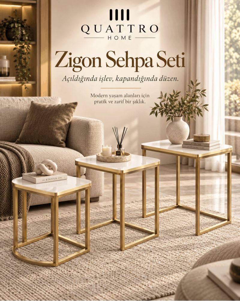 Beyaz Üst Yüzeyli Gold Ayaklı 3'lü Zigon Sehpa Seti