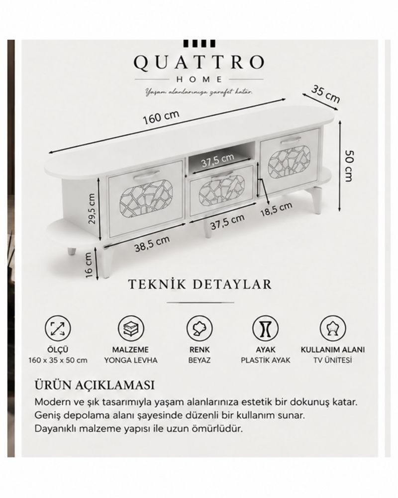Gümüş Detaylı Beyaz TV Ünitesi 160 cm