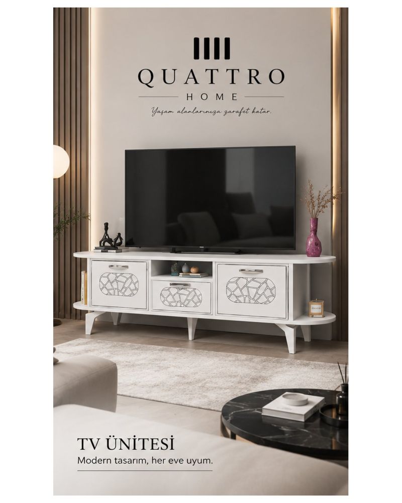 Gümüş Detaylı Beyaz TV Ünitesi 160 cm