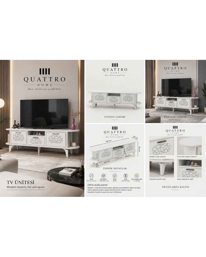 Gümüş Detaylı Beyaz TV Ünitesi 160 cm