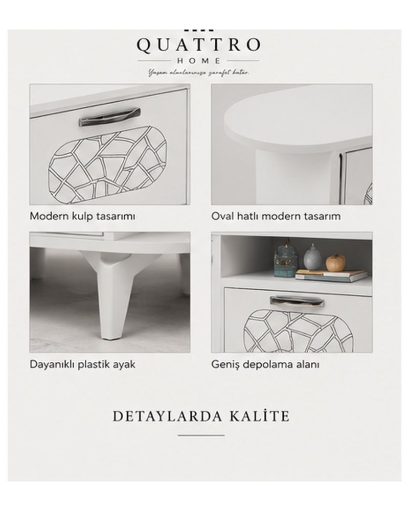 Gümüş Detaylı Beyaz TV Ünitesi 160 cm