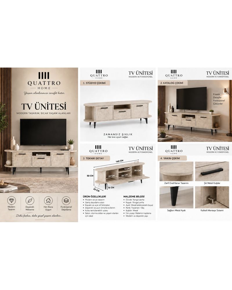 Ekru Traverten Desenli Suntalam TV Sehpası 160x35 cm