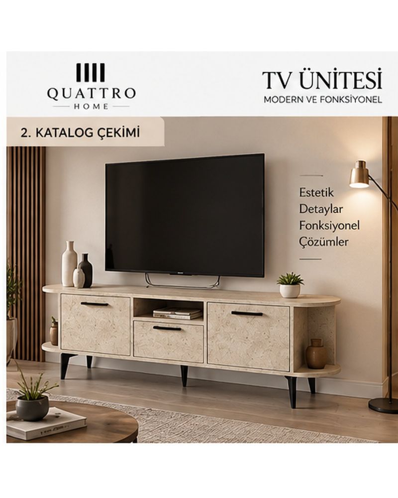 Ekru Traverten Desenli Suntalam TV Sehpası 160x35 cm