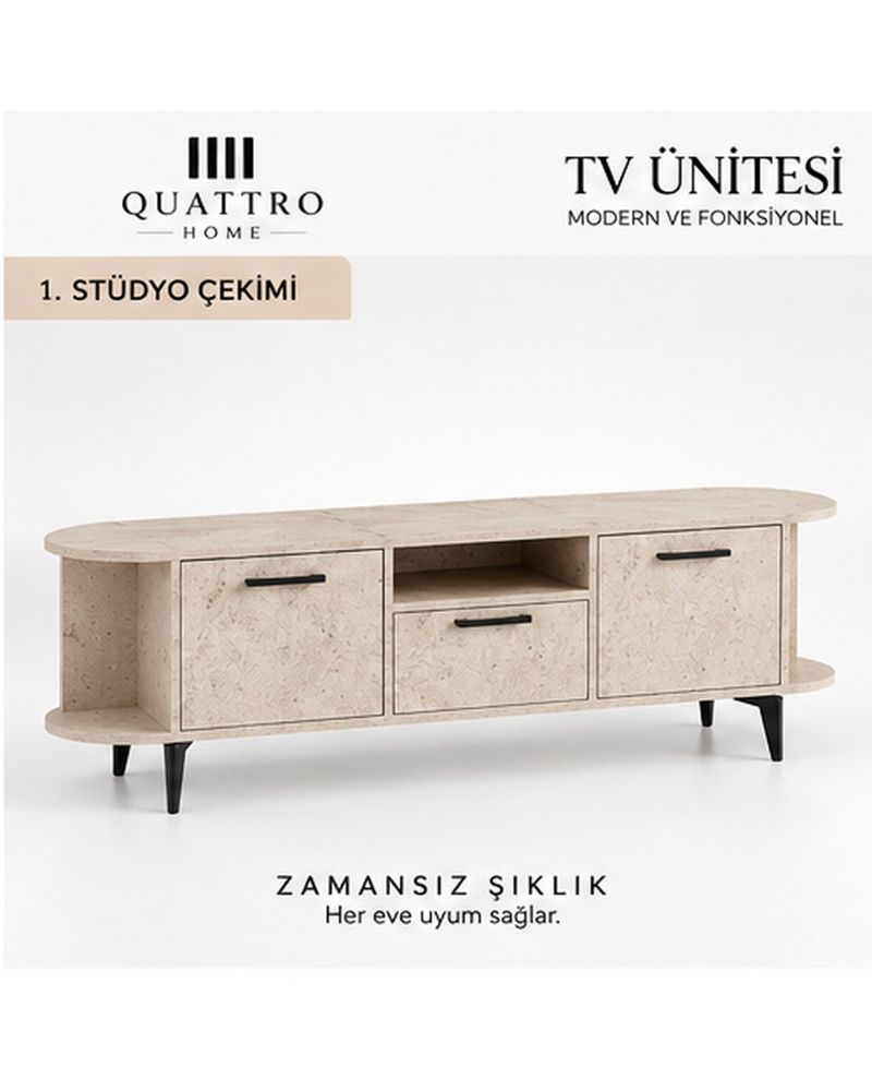 Ekru Traverten Desenli Suntalam TV Sehpası 160x35 cm