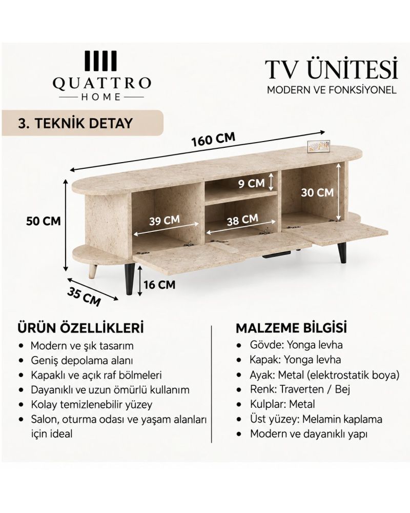 Ekru Traverten Desenli Suntalam TV Sehpası 160x35 cm