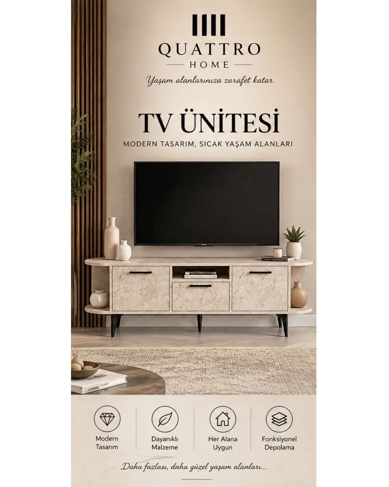 Ekru Traverten Desenli Suntalam TV Sehpası 160x35 cm