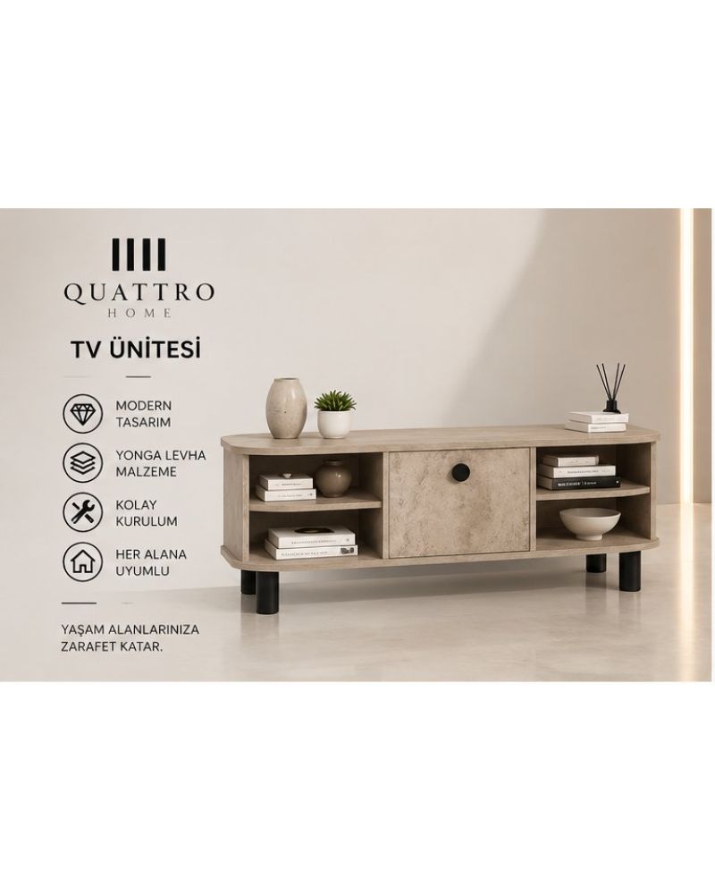 Ekru Traverten Desenli Suntalam TV Sehpası 136x44 cm
