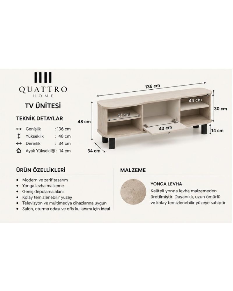 Ekru Traverten Desenli Suntalam TV Sehpası 136x44 cm