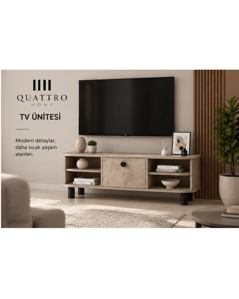Ekru Traverten Desenli Suntalam TV Sehpası 136x44 cm