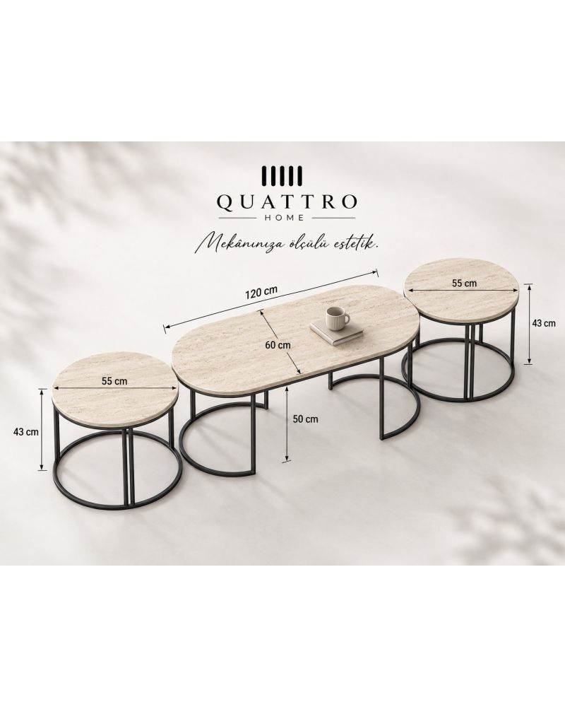 Bej 3'lü Oval Sehpa Seti