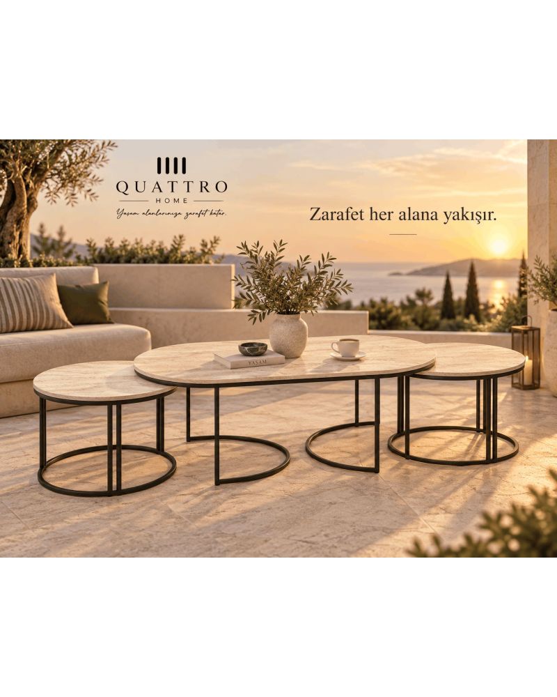Bej 3'lü Oval Sehpa Seti